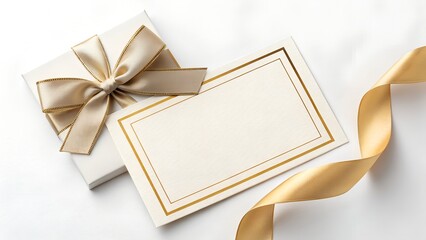 Top-View Flat Lay of White Card with Metallic Gold Trim and Realistic Satin Gift Bow on Clean White Background for Modern Elegant Branding Presentations