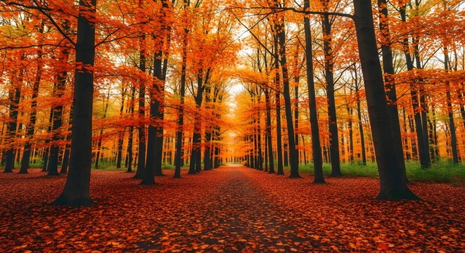 Autumn pathway in the forest: An autumnal pathway, the floor covered with fallen leaves. The trees on either side are adorned with leaves in shades of orange and red, bathed in warm sunlight.
