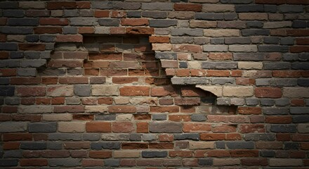 Close-up of aged brick wall with a large damaged area, revealing the inner structure