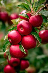 Obraz premium Ripe red apples growing on orchard tree, vertical