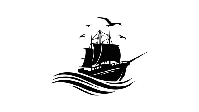 A black silhouette of a vintage sailing ship on ocean waves with seagulls flying above.