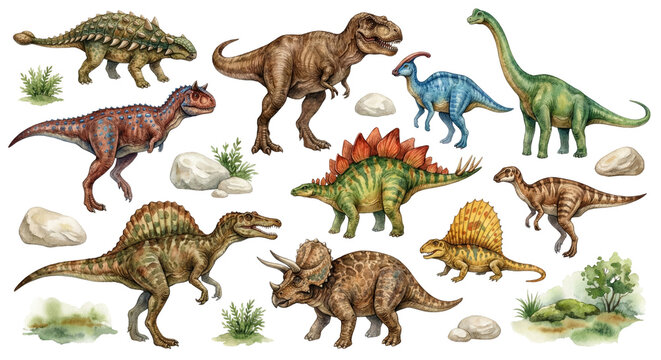 Diverse assemblage of prehistoric creatures dinosaurs in an isolated transparent background