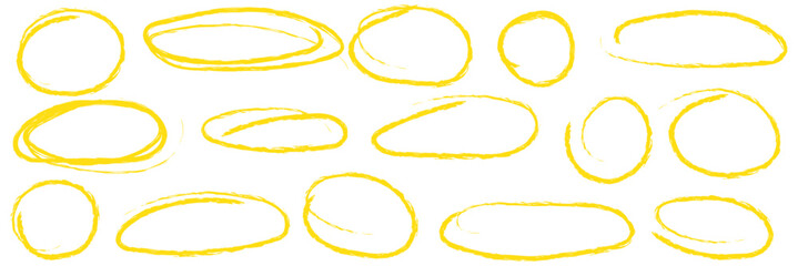 Hand drawn red pen highlight round oval frame set. Handwritten red marker, pencil scribble stroke line oval frame. Brush round frame highlight. Grunge scratch style set. Vector stock illustration