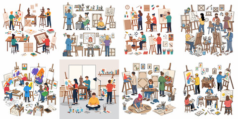 Collection of diverse artists painting on easels, sculpting clay figures, and sketching in a busy art studio or educational creative workshop environment.