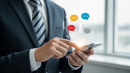 Businessman using smartphone with social media notifications in modern office setting