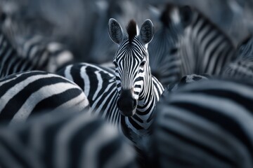 Fototapeta premium Contrast Concept Showing One Zebra Distinct from the Herd