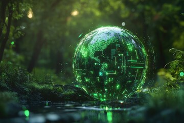 Futuristic green digital globe glowing in a lush natural forest.