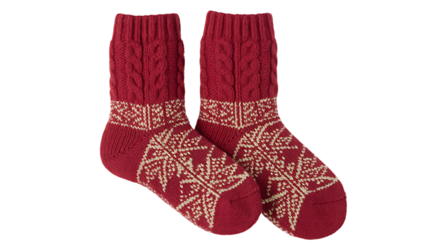 Pair of Red Knit Socks with Snowflake Pattern winter Transparent Background Perfect for Valentine’s, love and spiritual themes. High-quality scalable PNGs for T-shirts, stickers, and digital projects.