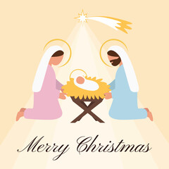 Greeting card, background Holy Family nativity scene with Mary, Joseph and baby Jesus under the bright Bethlehem star