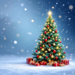 Obraz premium Christmas Tree with Red and Gold Ornaments, Star Topper, and Wrapped Presents on Snowy Ground with Falling Snowflakes