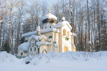 Abramtsevo, Rusia February 5, 2022. Church of Holy Image of the Savior in the Abramtsevo in neo Russian style. Built in 1882 with funds from S. I. Mamontov based on a drawing by V. M. Vasnetsov