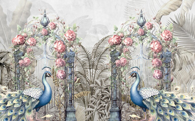 Gold Tropical Wallpaper Design - 3D illustration