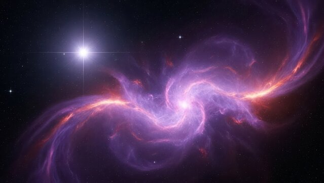 Swirling cosmic nebula, a vibrant deep space phenomenon with glowing gas and dust, a bright star radiating light in the distant universe