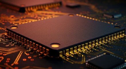 Close up of a computer chip on circuit board with digital details