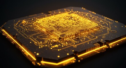 Close up of a digital circuit board with golden lighting on a black background