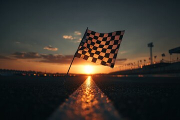 Obraz premium Checkered Flag Waving at Sunset on a Race Track Symbolizing Victory
