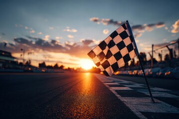 Obraz premium Symbol of Victory: Checkered Flag Against a Colorful Sunset Sky
