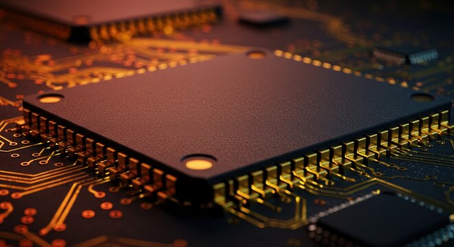 Close up of a computer chip on circuit board with digital details