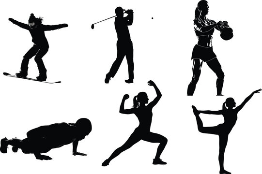 Silhouette collection of diverse sports and fitness activities on white background