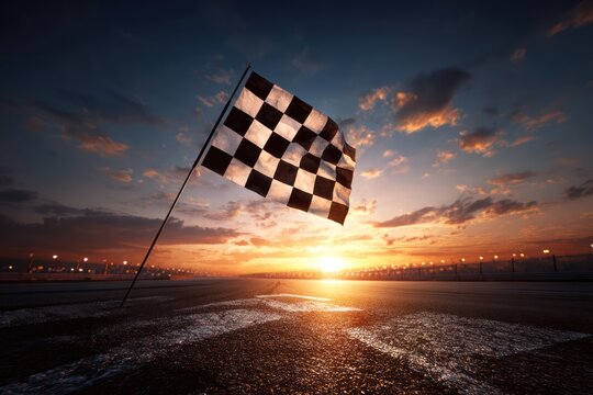 Race Track Finish Line: Waving Checkered Flag at Golden Hour