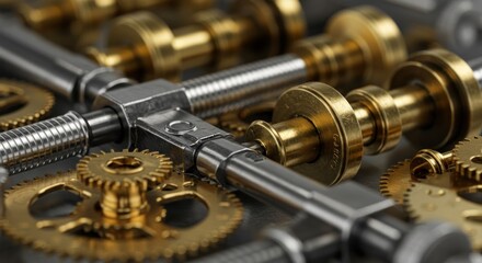 Close up of metallic gears and components in macro style machinery details