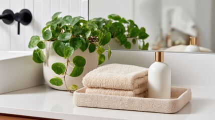 Clean bathroom with plant and towels