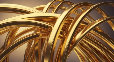 Abstract composition of shiny golden curved metallic tubes or rings