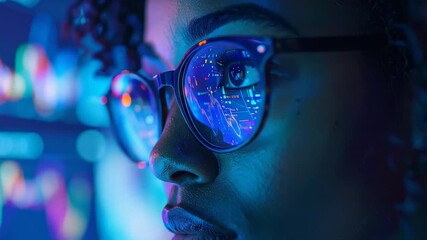Woman Analyzing Stock Market Data Reflected in Glasses - Powered by Adobe