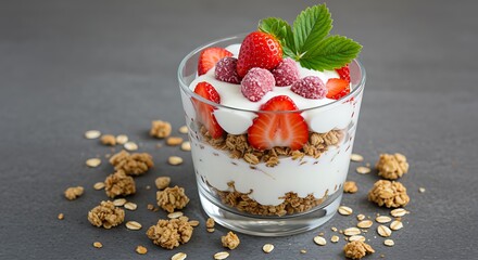Yogurt parfait with strawberries raspberries and granola in a glass breakfast
