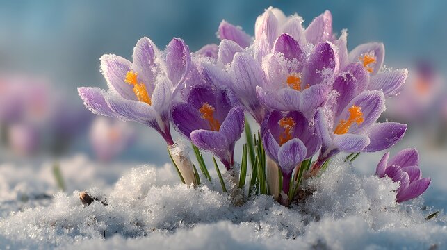 Delicate purple crocus flowers push through a layer of fresh white snow to signal spring arrival against a soft blue sky background.