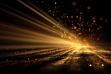 Fototapeta premium Shimmering Gold Dust and Bright Rays on Black Surface