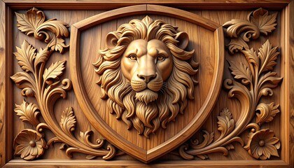 Lion Crest Wooden Carving with Ornate Shield Design