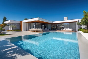 Modern House Exterior with Swimming Pool and Lush Garden