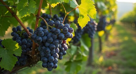 Fototapeta premium Close-up of ripe, dark grapes hanging on a vine, with rows stretching into the sunlight
