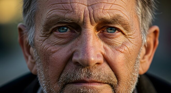 Close-up of a senior man's face with intense blue eyes, showing wrinkles and a focused gaze