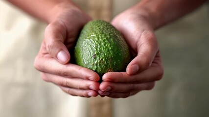 A closeup image of a persons hands holding a green avocado. The avocado is the main subject, with its vibrant green skin and textured surface clearly visible.