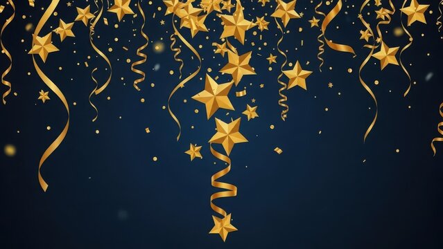 Golden falling stars, shimmering confetti, and elegant ribbons on a deep blue background, perfect for festive celebration designs. - Powered by Adobe