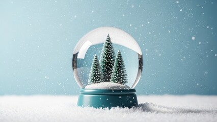 Winter wonderland scene with a glistening snow globe containing miniature pine trees, surrounded by gentle falling snow on a cool blue background, festive holiday decoration.