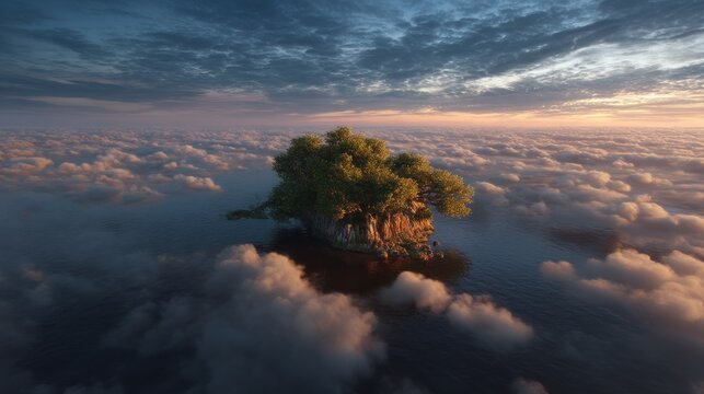 Fantasy island floating in a sea of clouds at sunset with dramatic lighting