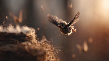 A fledgling bird takes its first flight from a cozy nest at sunrise. Warm sunlight highlights the tender moment of newfound freedom and natural adventure.