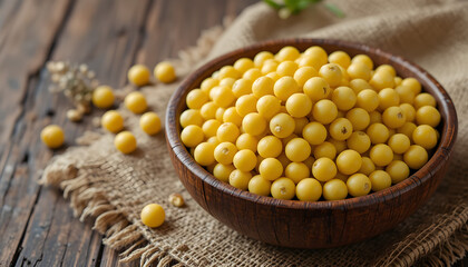 Yellow beans and peas in a wooden bowl