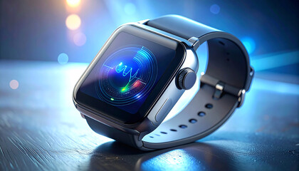 Smartwatch on a Wooden Surface: a detailed shot of a smartwatch that showcasing its advanced technology with a pulse graphic, creating a visual feast of innovation and design. 