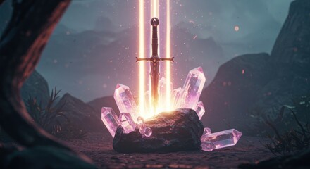 Fantasy sword and crystals with beam of light digital illustration