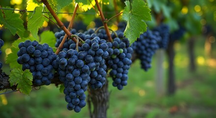 Fototapeta premium Close-up of ripe, dark grapes hanging on the vine, sunlight dappling the leaves
