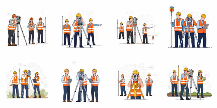 Collection of diverse land surveying teams working on construction sites using specialized geodetic measurement tools.