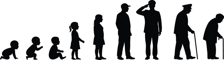 Silhouette of male life stages from baby to elderly, ideal for education, health, timeline, aging, and human development projects.