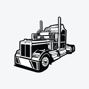 Semi truck 18 wheeler freight monochrome vector illustration