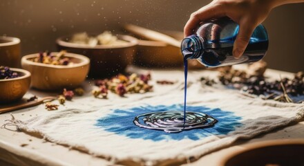 Fototapeta premium Hand pouring dark blue liquid dye onto natural fabric for craft