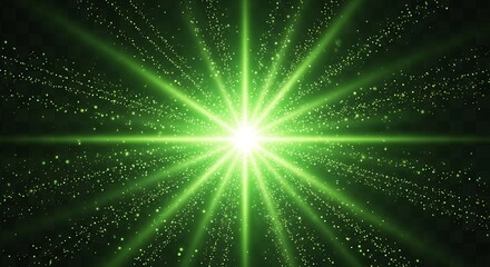Green Light Explosion with Bright Rays and Glittering Particles. Glowing Starburst Effect with Lens Flare and Sparkling Dust on Transparent Background. Abstract Cosmic Shine