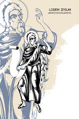 Religious vintage poster template with Prophet Saint Elijah. Christian illustration in Byzantine style